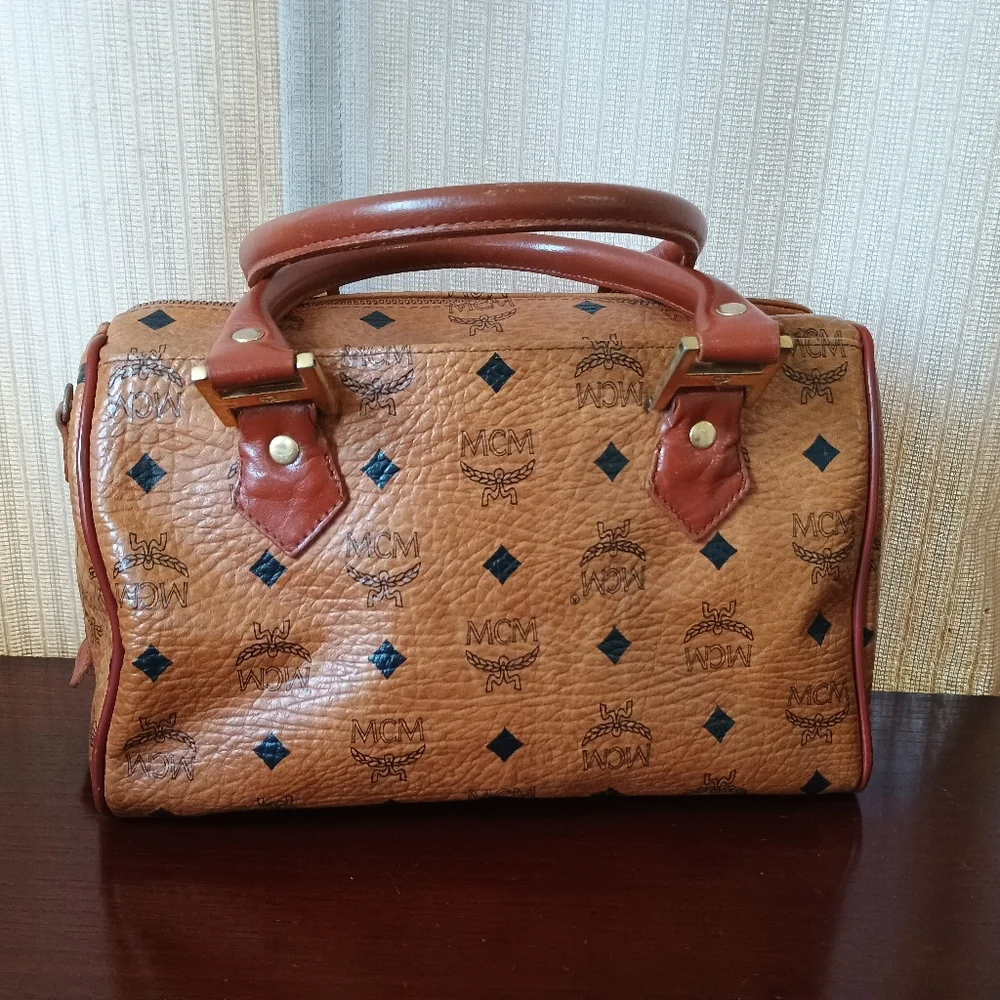 MCM Cognac Brown Monogram Handbag with Black Diamond Motif and Gold Hardware